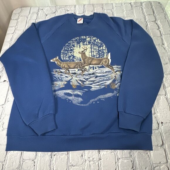 Vintage 90s Deer Buck Doe Blue Jerzees Russell Sweatshirt USA Made Large 1990 - Picture 1 of 16